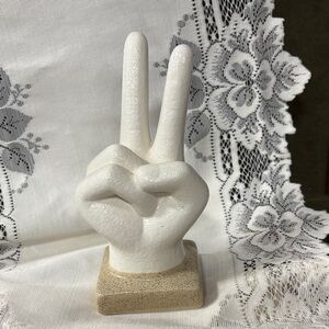 Peace Sign Hand Sculpture in White and Tan